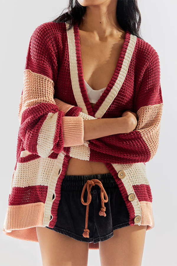 Knitted Jacket Oversized Pocket Colorblock Cardigan Sweater