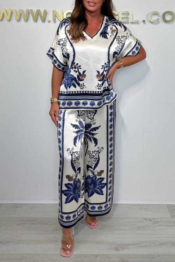 V-neck Short Sleeve Botanical Print Satin Wide-Leg Pants Set