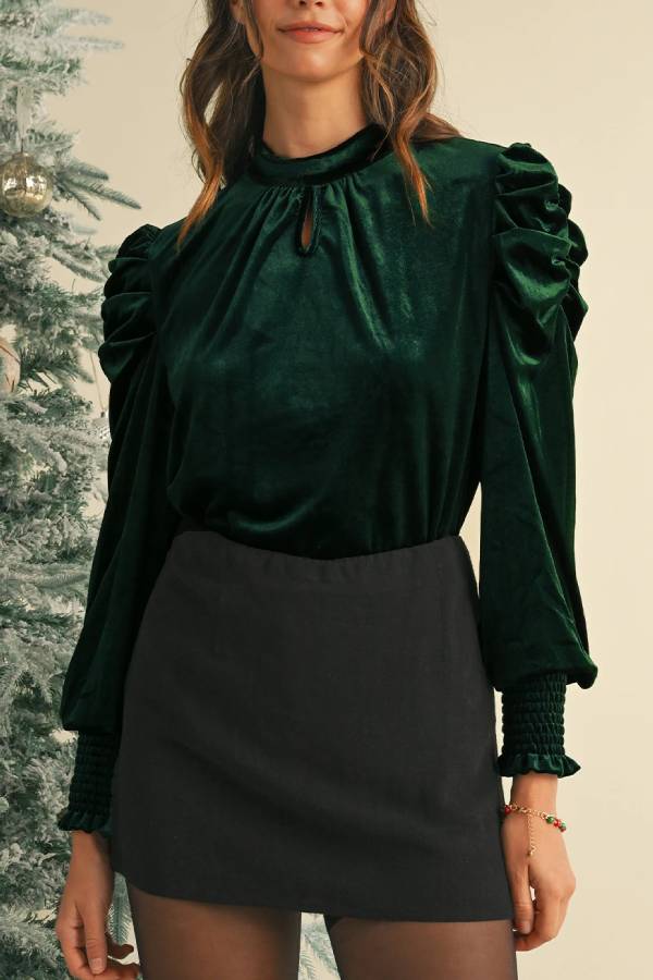 Green Keyhole Neck Puff Sleeve Velvet Blouse