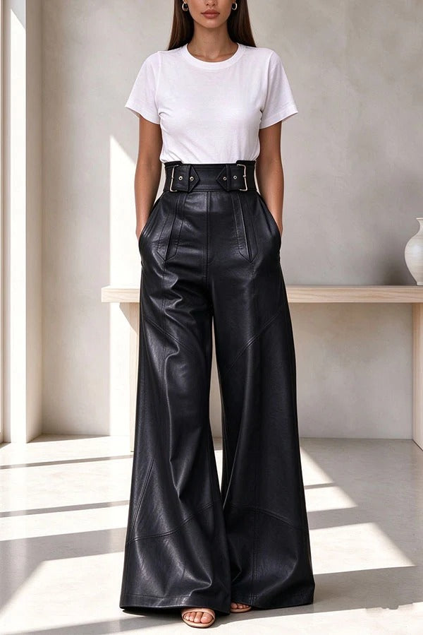 Stylish PU Leather Pleated Metal Belted Pocket Wide Leg Pants