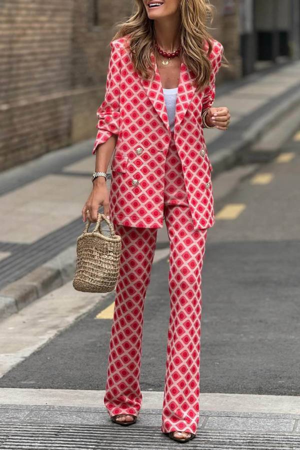 Chic Lady Unique Print Metal Button Pocketed Lapel Blazer and Elastic Waist Flare Pants Set