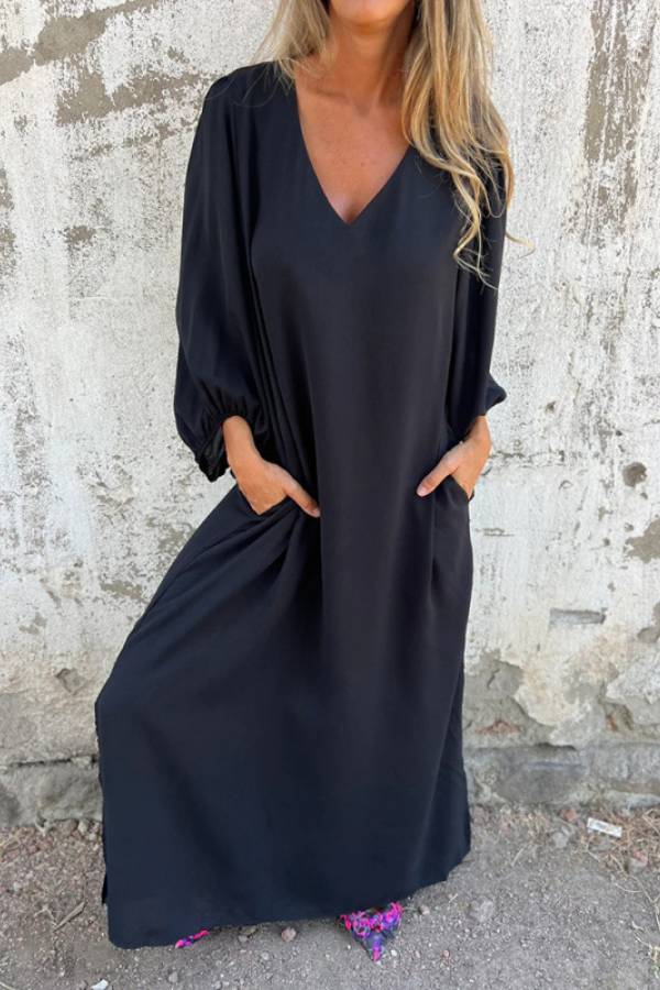Solid V Neck Balloon Sleeve Loose Maxi Vacation Dress With Pockets