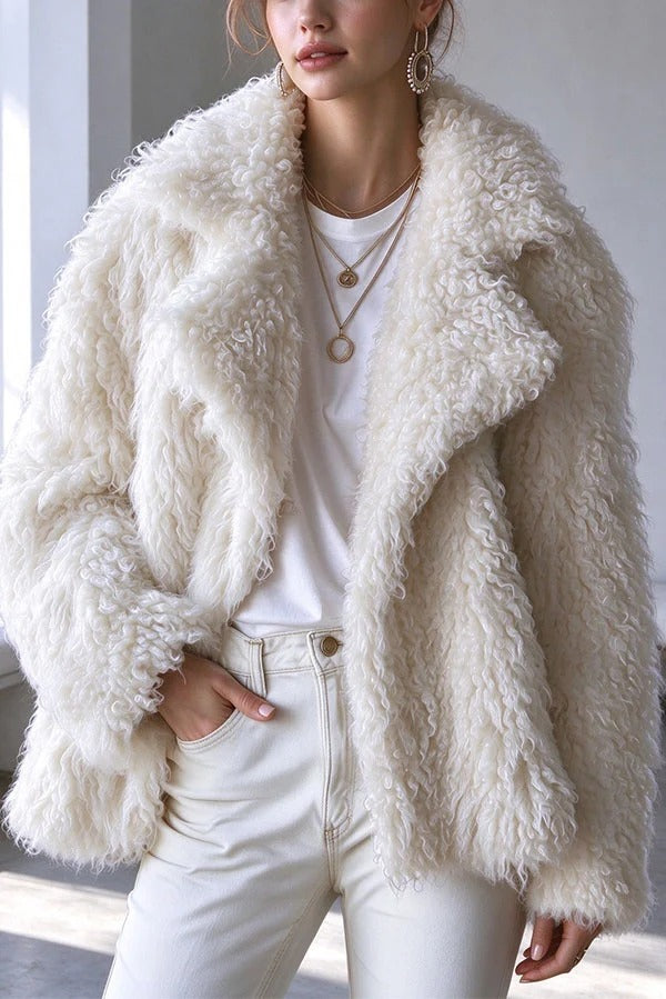 Warm Winter Teddy-style Curly Plush Long Sleeve Lapel Coat