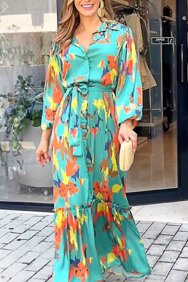 Watercolor Floral Collared Shirt Dress Belted Bubble Sleeve Ruffle Maxi Vacation Dress
