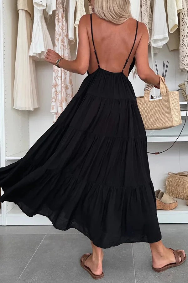 Bohemian Style V-neck Backless Slip Layered Vacation Maxi Dress