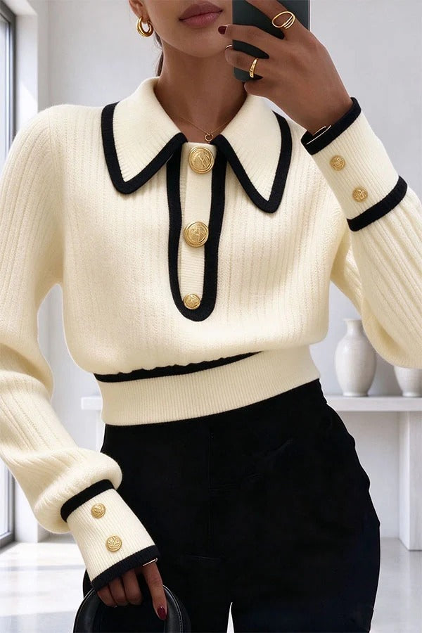 Olivia Knit Top with Contrast Piping and Collar