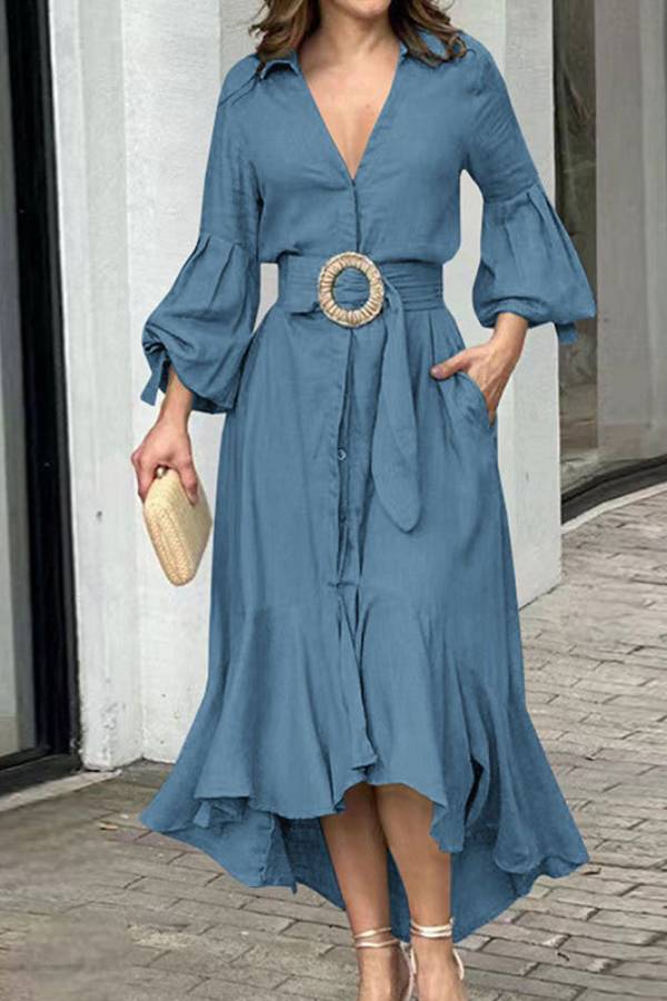 Full-Sleeve V Neck Belt Button Pocket Midi Dress