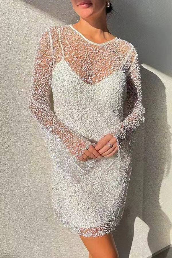 Sparkling Sequin Mesh Long-Sleeve Short Evening Dress
