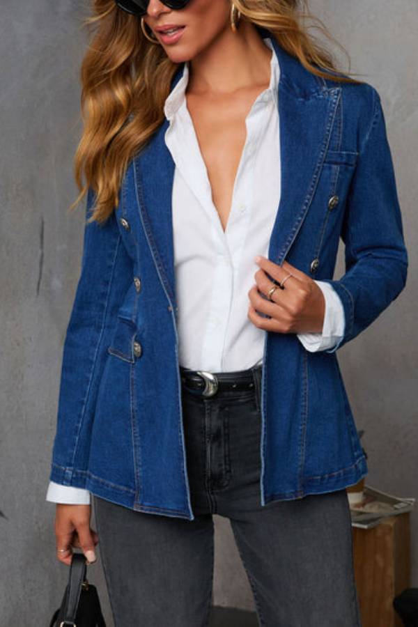 Easy On Me Faux Double Breasted Denim Blazer