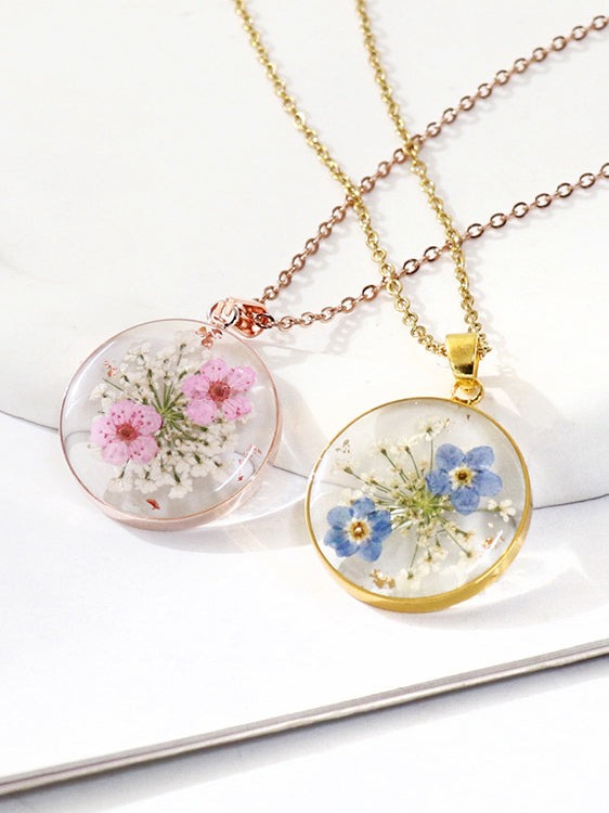 Real Dried Forget-Me-Not Flower Pendant Necklace