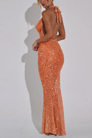Shine All Night Sheer Sequin Cowl Neck Halter Maxi Dress