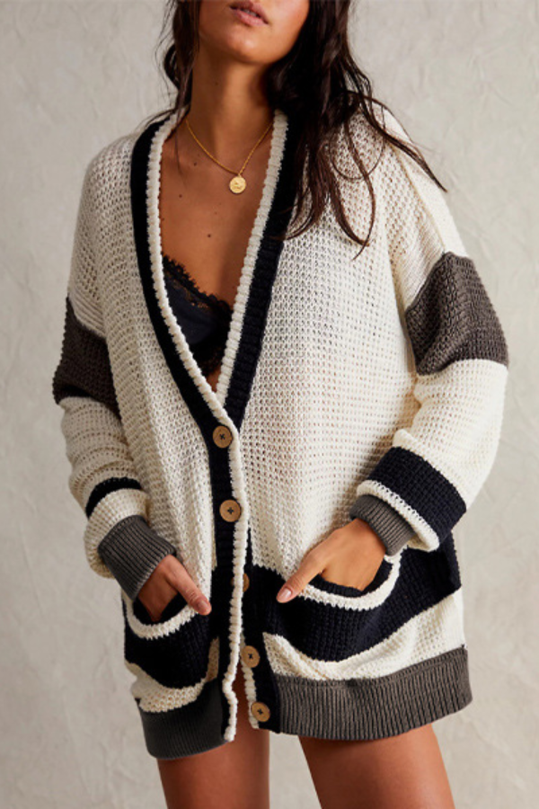 Knitted Jacket Oversized Pocket Colorblock Cardigan Sweater