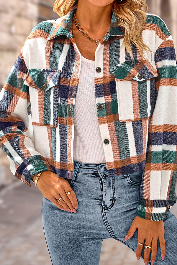 Lapel Pocket Fashion Casual Cropped Ladies Plaid Jacket