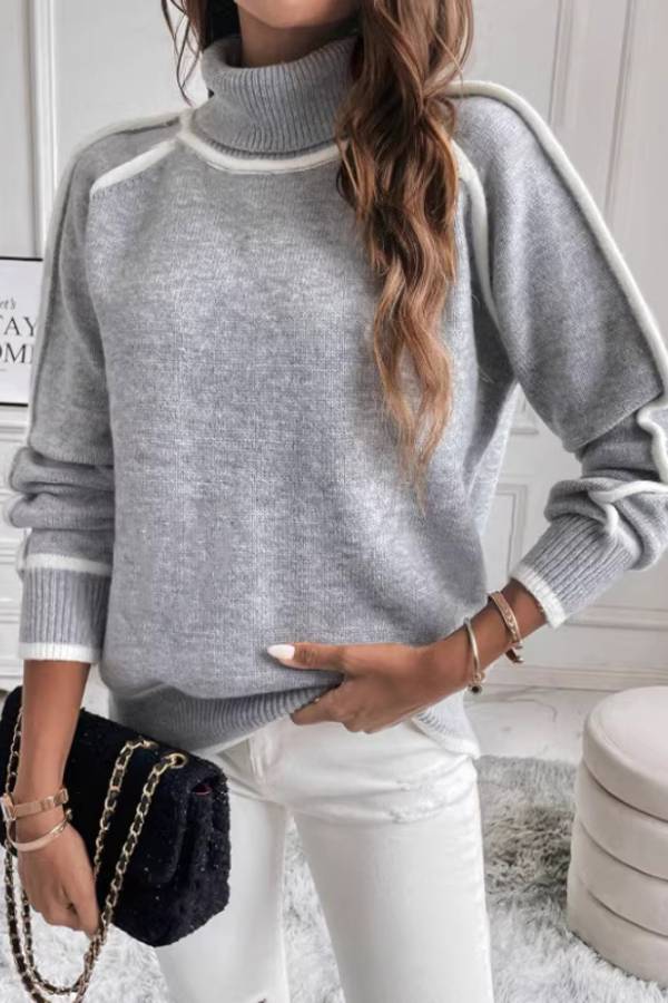 Women's Color Block White Trim Turtleneck Raglan Long Sleeve Sweater