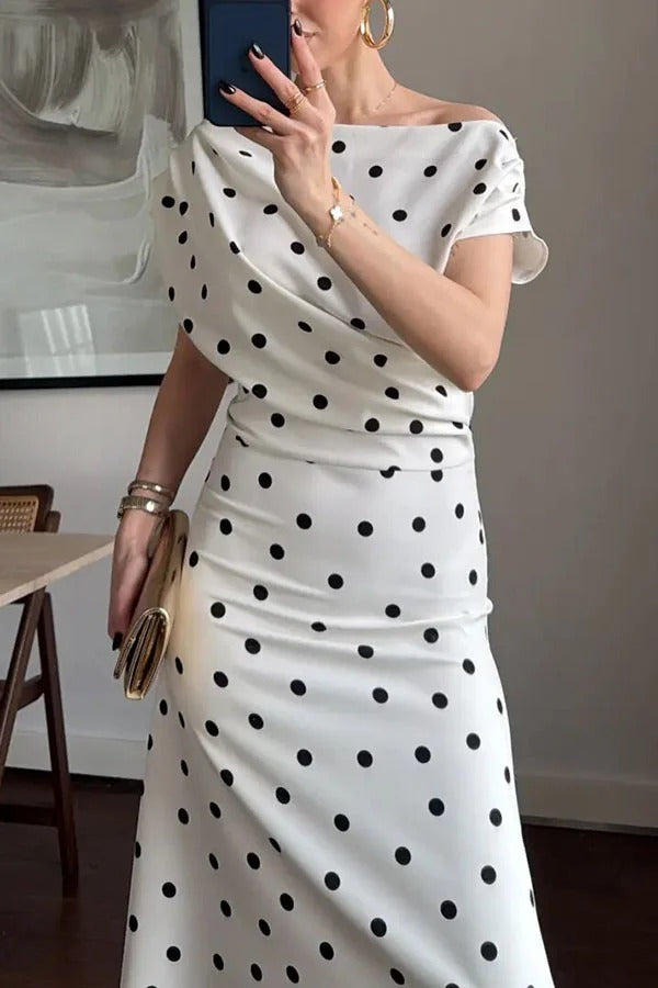 Adelah Polka Dot Print One Shoulder Ruched Short Sleeve Midi Dress