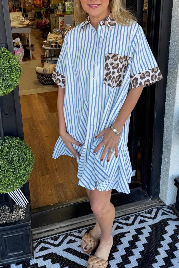 Women's Striped Animal Print Contrast Button Down Dress