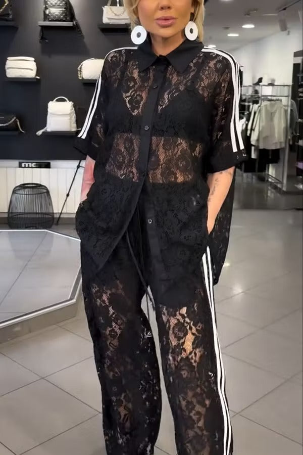 Mix Fashion Lace Striped Trim Short Sleeve Button Shirt and Elastic Waist Pocket Loose Pants Set