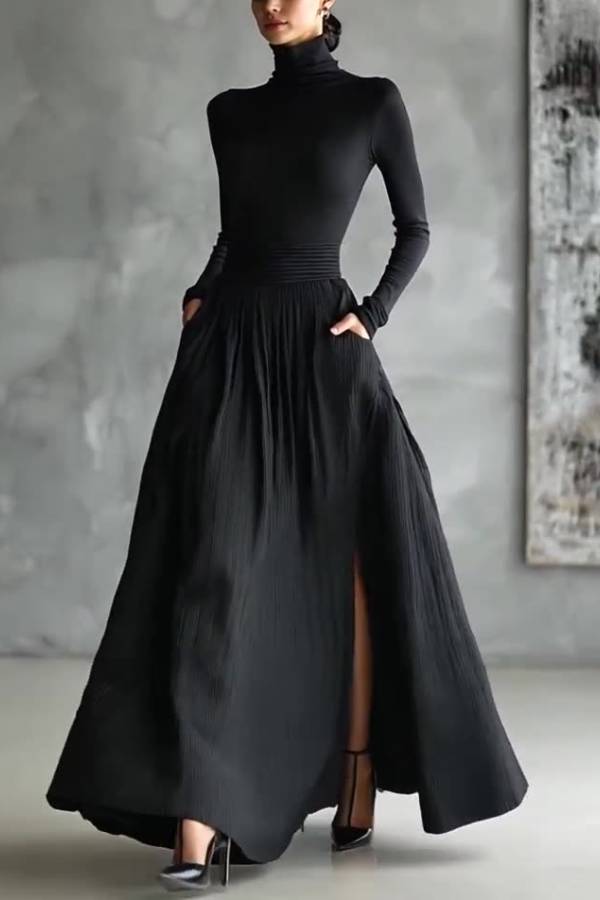 High-neck fitted pleated skirt