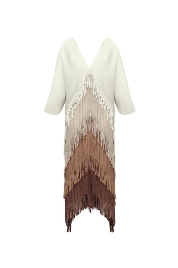 Elegant Pleated Satin Ombre Fringe Detailing Maxi Dress