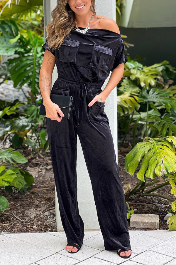 BLACK OFF SHOULDER VELVET JUMPSUIT