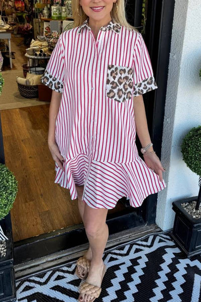 Women's Striped Animal Print Contrast Button Down Dress