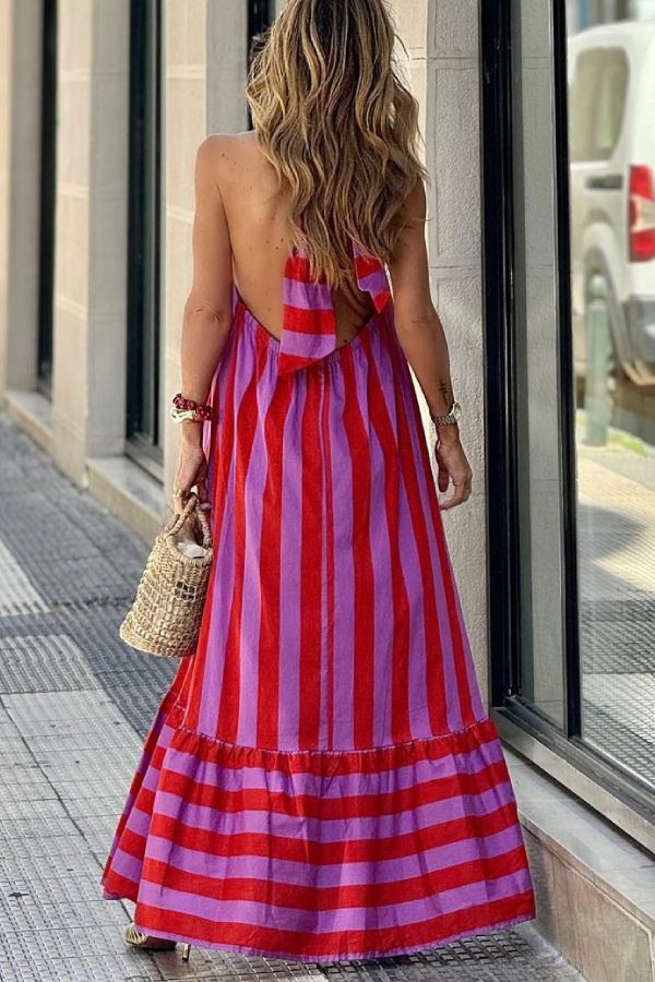 Casual Red Striped Loose Backless Long Dress
