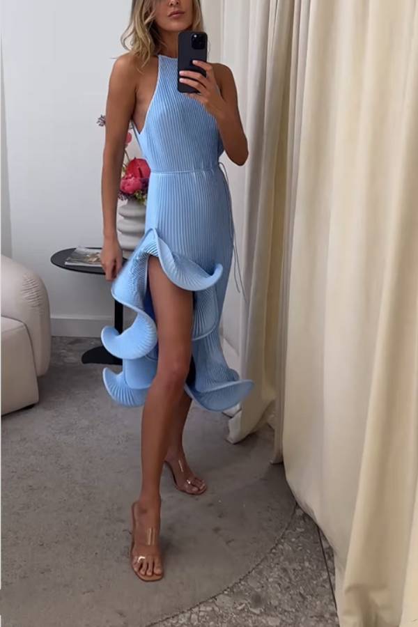 Halter Neck Ribbed Knit Ruffle Slit Dress