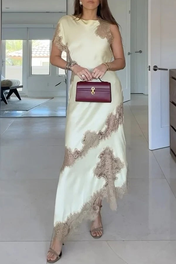 Paris Dream Satin Lace Trim Irregular Design Drape Maxi Dress