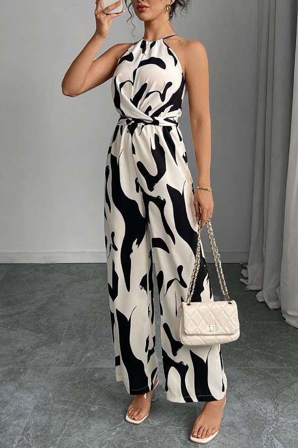 Abstract Print Halter Neck Wide-Leg Jumpsuit
