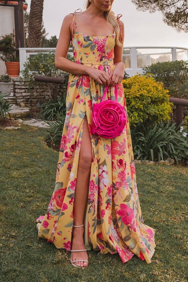 Spaghetti Strap Tie-Back Floral Print Waist-Cinched Maxi Dress