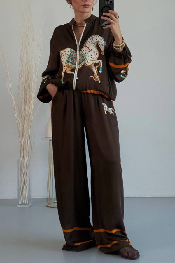 Vintage Horse Print Zip‑Up Casual Two‑Piece Set