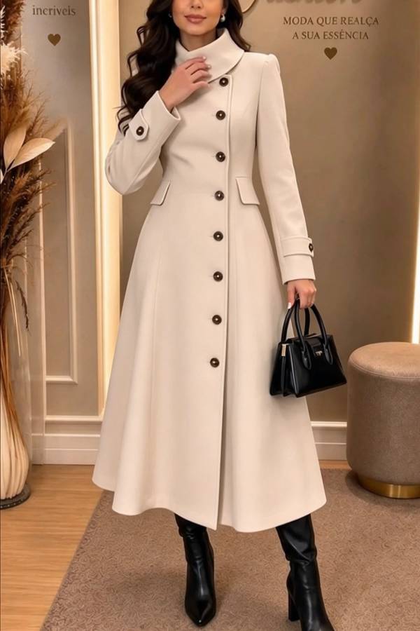 Chill Whispers Turtleneck Long Sleeve Button Pocket Flare Midi Trench Coat
