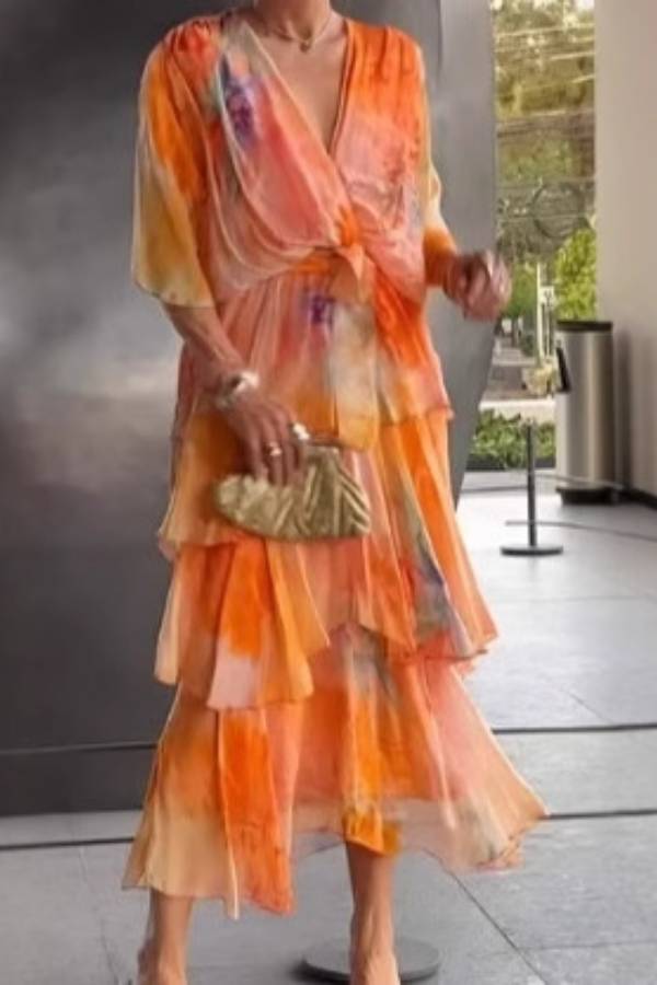 Watercolor Tie Dye Wrap V Neck Tiered Ruffle Chiffon Midi Dress