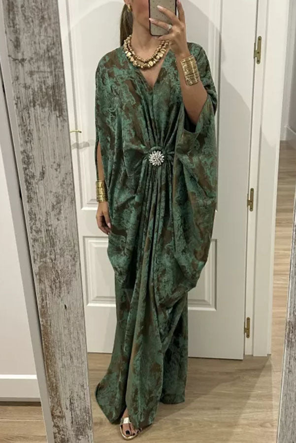 Satin Printed Rhinestone Twist Loose Kaftan Maxi Dress