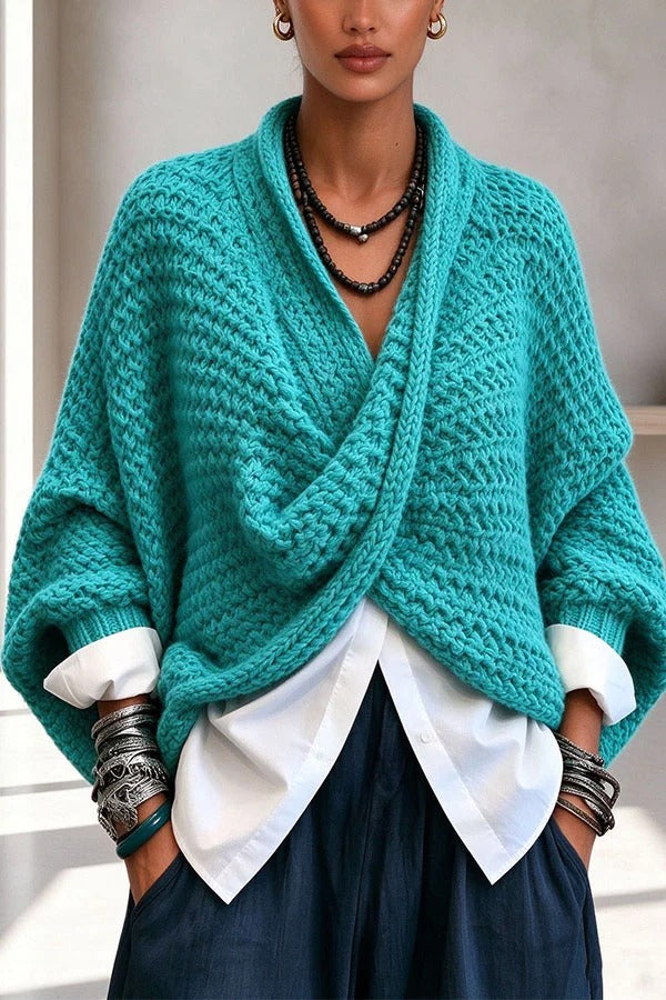 Comfortable Casual Knit Batwing Sleeves and A Crossover V-neck Loose-fitting Sweater