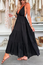 Bohemian Style V-neck Backless Slip Layered Vacation Maxi Dress