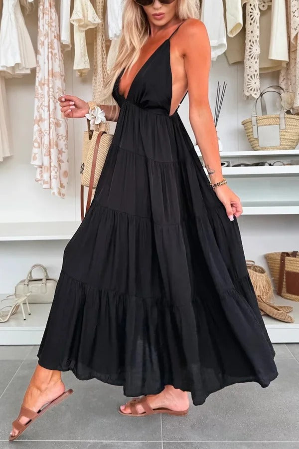 Bohemian Style V-neck Backless Slip Layered Vacation Maxi Dress