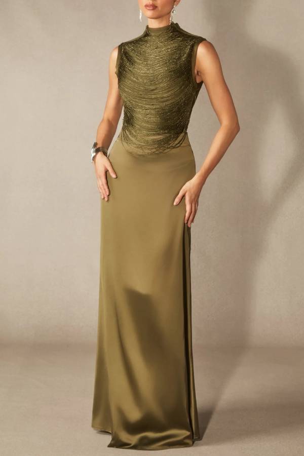 Alisha Sleeveless Beaded Crop Top & Satin Skirt Set