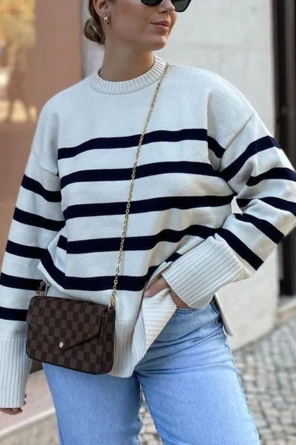 Striped Long Sleeve Crew Neck Pullover Knitted Women's Sweater