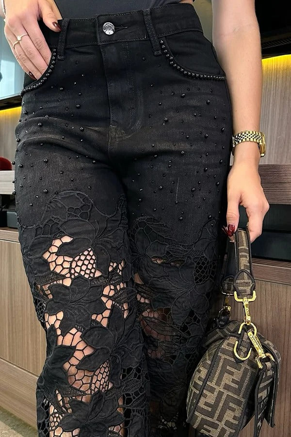 Fashionable Openwork Lace Patchwork Wide-leg Jeans