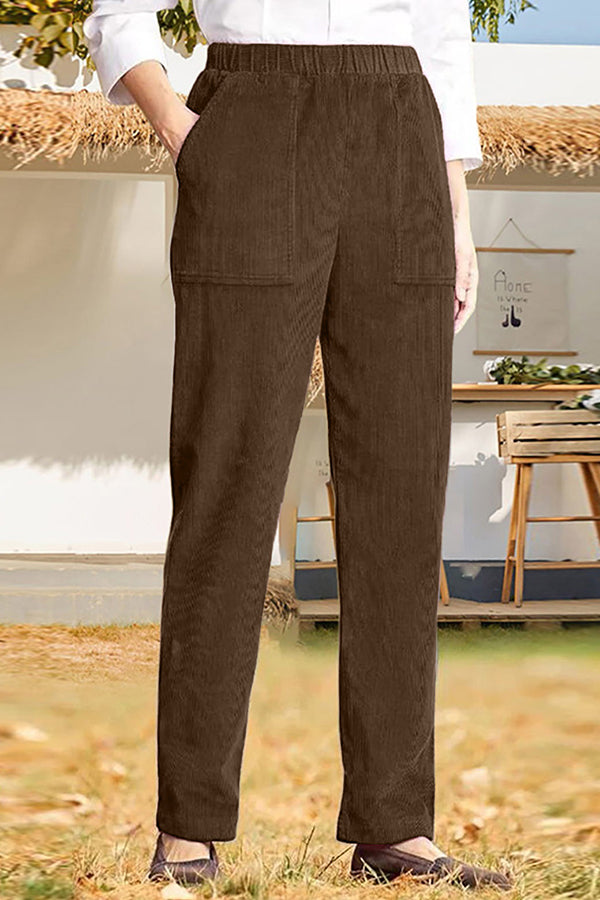 Solid color elastic waist striped straight casual pants