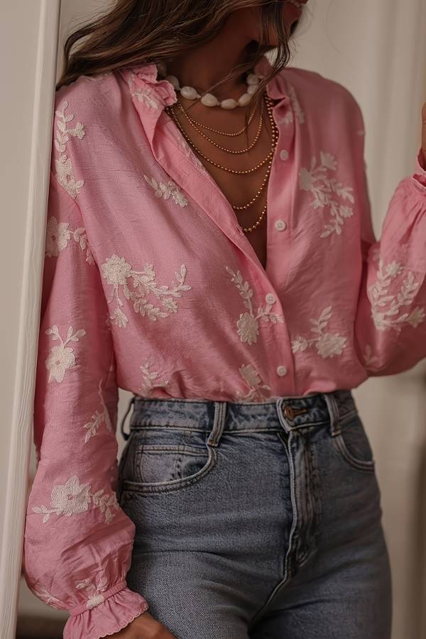 Floral Embroidery Ruffle Collar Lantern Sleeve Women Blouse