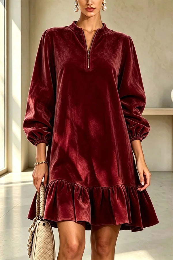 Suede Zipper Neck Long Balloon Sleeve Ruffle Hem Mini Dress