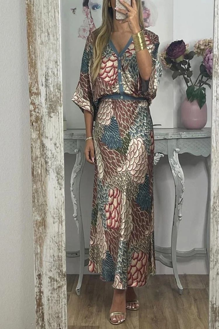 Harlen Satin Unique Printed Loose Shirt Top and Elastic Waist Maxi Skirt Set