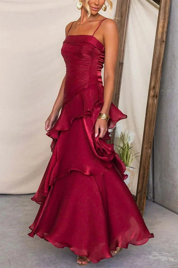 Arlow Multi-layered Ruffles Square Neck Slip Maxi Dress