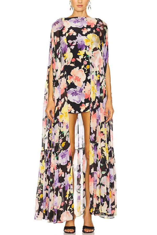 Garden Party Contrast Floral Print High Low Cape Maxi Dress
