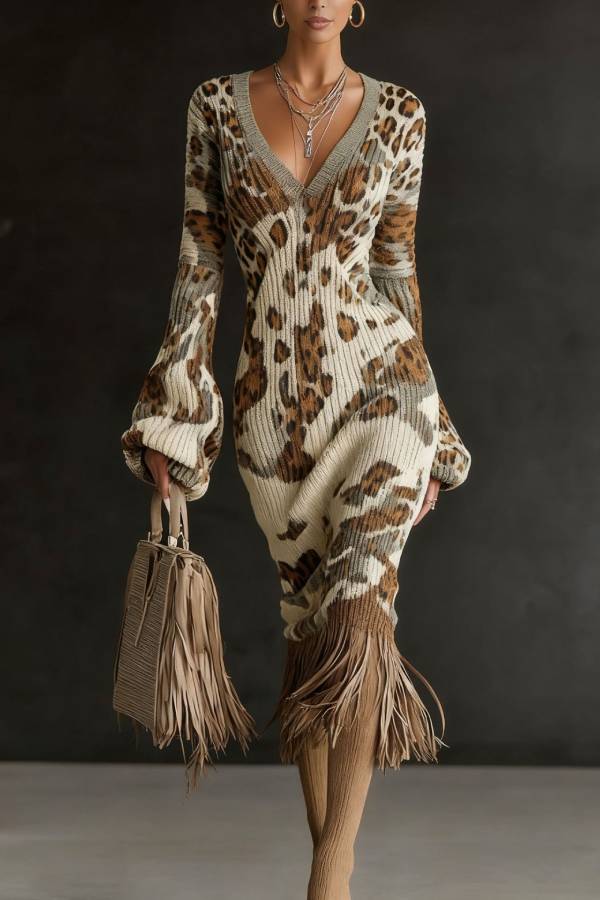 Printed Knit Dress with Lantern Sleeves & Tassel Hem