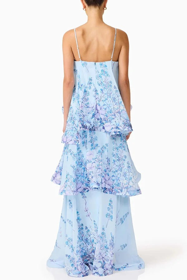 Armani Georgette Fabric Floral Print Tiered Slip Square Neck A-line Maxi Dress