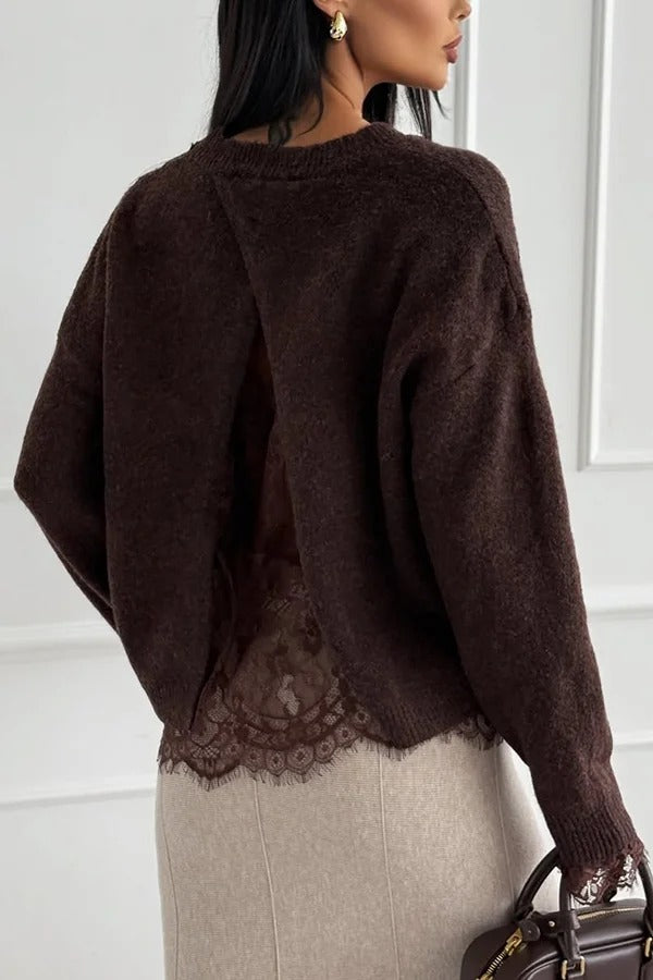 Caitlin Knit Lace Trim Patchwork Long Sleeve Back Slit Relaxed Sweater