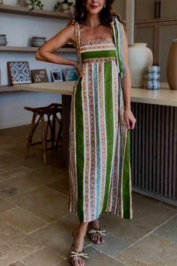 Vintage Color Striped Print Maxi Dress